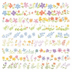 Extensive Collection of Pastel Colored Floral Elements Hand Drawn Flowers Leaves and Sprigs for