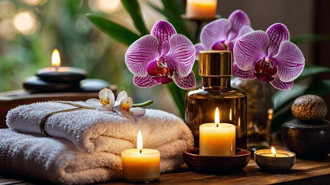 Spa beauty massage healthy wellness background. Spa therapy treatment aromatherapy for body with flower nature candles for relaxation