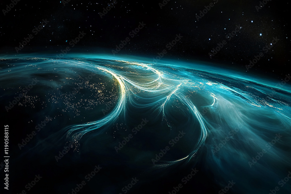 Poster Abstract view of Earth's light streams from space with glowing connections