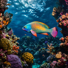 Fototapeta premium Vibrant reef fish swimming amidst colorful coral. A breathtaking underwater scene.