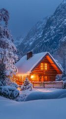 Fototapeta premium Cozy Wooden Cabin in a Snowy Winter Wonderland with Majestic Mountains and Serene Evening Glow