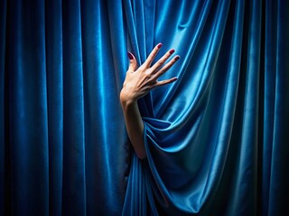Blue Velvet Curtain Background with Elegant Hand - Dramatic Conceptual Photography