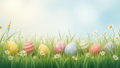  Easter eggs in grassy field with daisies under sunlight