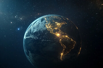 Fototapeta premium Earth illuminated at night with glowing city lights and stars in space