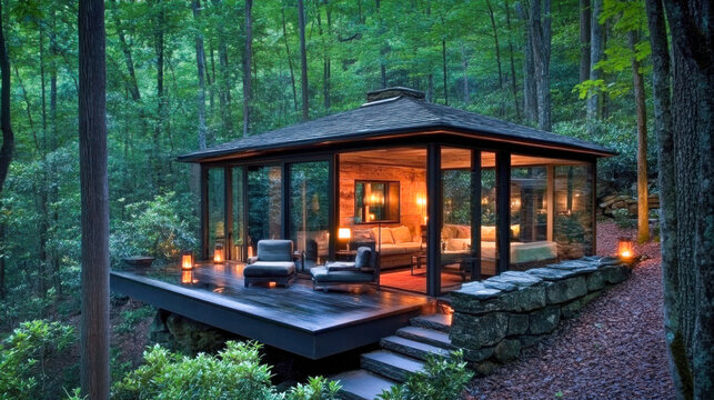 Cozy modern cabin in the woods with glass walls, surrounded by lush greenery at twilight