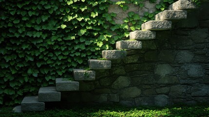 A stone staircase with green ivy growing up the side of it