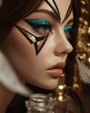 Professionelles Beauty-Portrait einer jungen Frau mit makellosem Haute-Couture-Make-up. Nahaufnahme zeigt perfekte Haut und kunstvolle Lidschatten-Technik