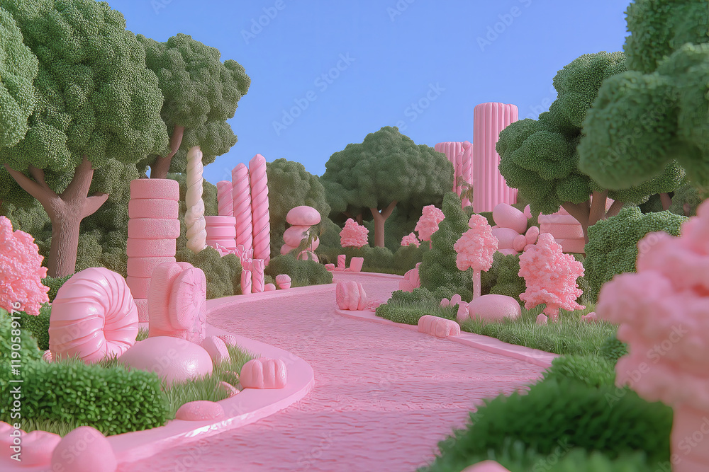 Poster a whimsical 3d rendering of a fantasy candy land