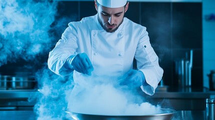 Chef skillfully prepares a dish with smoke in a modern kitchen, showcasing culinary artistry