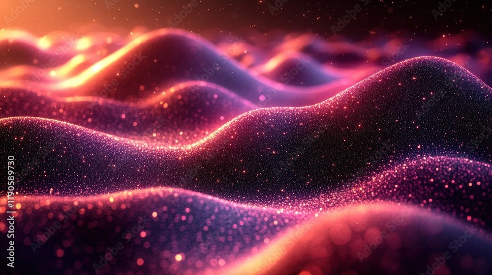 Poster abstract background with glowing particles and vibrant colors forming dynamic wave patterns