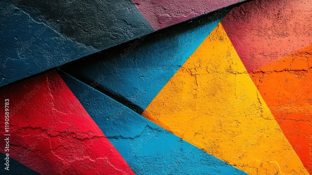 Wall mural A colorful wall with a blue, yellow, and red triangle