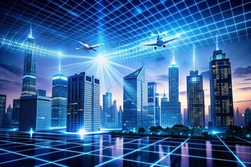 Futuristic City Skyline Silhouette: Flying Vehicles & Glowing Grid