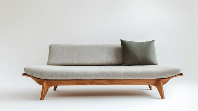 Modern wooden sofa with gray fabric upholstery and olive green cushion against white background. - Powered by Adobe