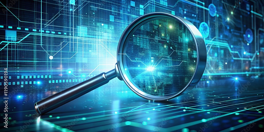 Poster futuristic data analysis: double exposure of magnifying glass exploring glowing charts and complex c