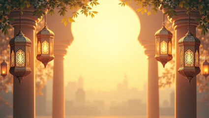 a breath-taking, intricately detailed illustration of Islamic template design set against a serene Ramadan Kareem background, featuring elegant, ornate hanging lanterns with exquisite filigree pattern