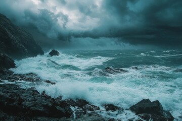 Obraz premium Resilient soldiers brave a wild shoreline under dramatic clouds, seeking solace amid crashing waves and a stormy backdrop