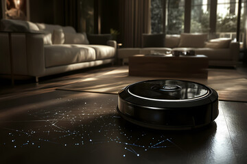 A glowing robot vacuum cleaning a futuristic living room, symbolizing a smart home