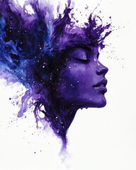 Fototapeta premium A creative watercolor galaxy scene with deep purples, blues, and white star splatters