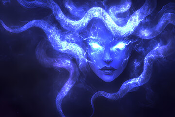 Fototapeta premium A glowing robotic Medusa with neon snakes for hair, symbolizing mystery and danger