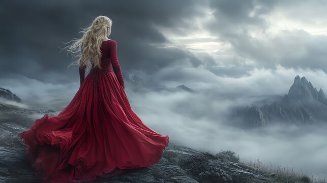 Blonde Frau mit rotem Kleid auf einem Berg