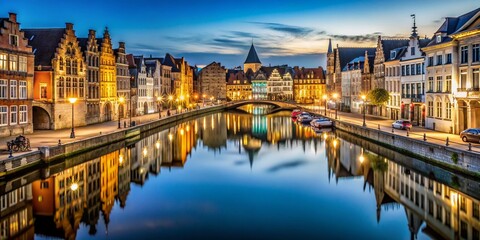 Obraz premium Gent Belgium, Long Exposure Cityscape, Grachten, Canals, Night Photography