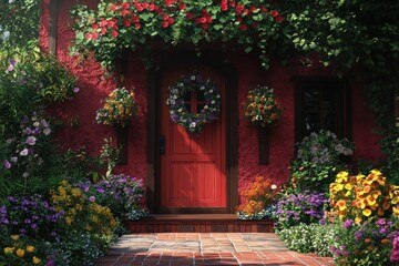 Fototapeta premium Charming red doorway embellished with vibrant flowers at a quaint residence in the summer garden setting