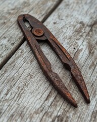 Obraz premium A detailed close-up of a rusty pair of pliers on a weathered wooden surface