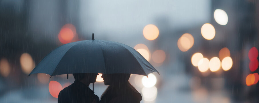 couple sharing umbrella, whispering in rain, creates romantic atmosphere amidst city lights. blurred background enhances intimate moment