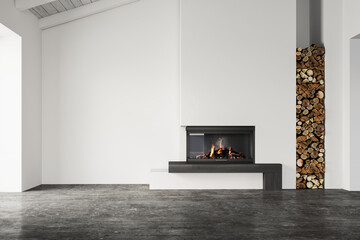 Fototapeta premium Empty Scandinavian-style room with modern fireplace, stacked firewood, concrete floor, and ocean-view window. Minimalist and natural design. 3D rendering.