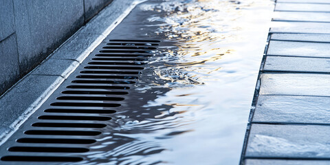 Rain flowing into a storm water sewer system. Water flowing from a wall drain into grate in the pavement. Stormwater street drain. 