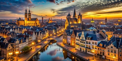 Fototapeta premium Ghent Cityscape at Dusk, Bokeh Lights, Belgium - Romantic Evening Scene