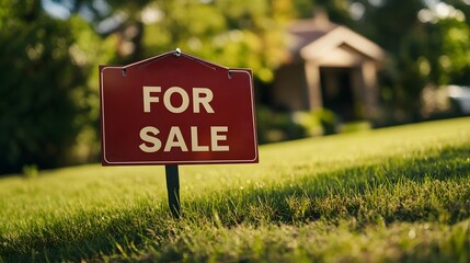 For Sale Sign on Green Grassy Lawn in Outdoor Residential or Commercial Property Real Estate Listing