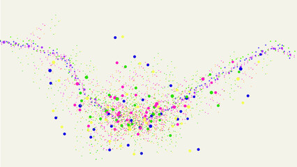 This colorful abstract illustration features a dynamic spread of dots in varying sizes and vibrant colors, including pink, green, yellow, purple, and blue, set against a light cream background.