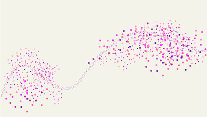 This colorful abstract illustration features a dynamic spread of dots in varying sizes and vibrant colors, including pink, green, yellow, purple, and blue, set against a light cream background.