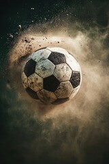 Fototapeta premium A dynamic action shot of a soccer ball being kicked, with motion blur and dust particles in the air