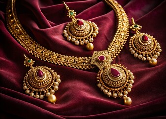 Gleaming Jewelry: Elegant Gold Necklace & Earrings on Velvet