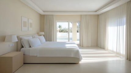 A bright and airy bedroom with perfectly arranged decor, sunlight streaming through and creating captivating patterns