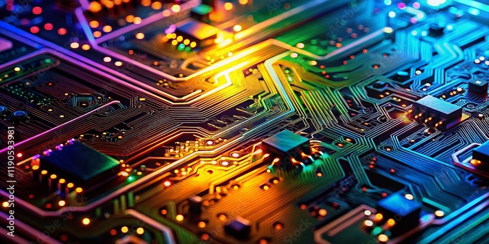 Poster glowing circuit board macro: panoramic view of complex electronic pathways