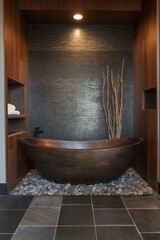 A dynamic bathroom with a Japanese soaking tub, slate tiles, and decorative pebbles