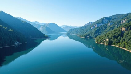 Aerial panorama captures a vast, deep teal lake cradled by majestic mountain peaks. Verdant forests grace the slopes, offering a serene and vibrant scene enveloped in nature's tranquility