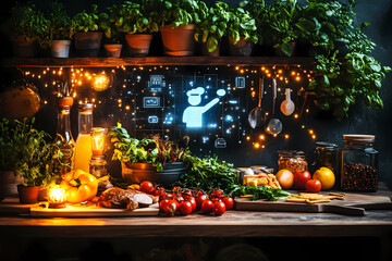 A glowing smart kitchen with a digital chef hologram preparing food, symbolizing convenience and innovation