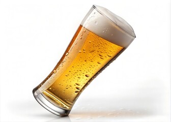 Tilted Lager Beer Glass with Frothy Head - 3D Rendering Isolated on White Background