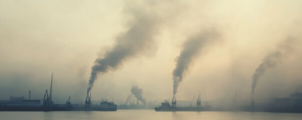 Obraz premium Polluted harbor with ships releasing emissions into atmosphere, creating hazy and somber environment. scene highlights environmental concerns and industrial impact