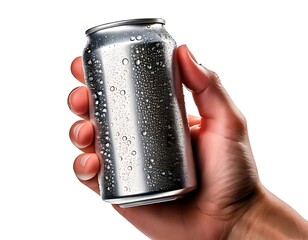 A hand holds an empty aluminum can with condensation, isolated on white