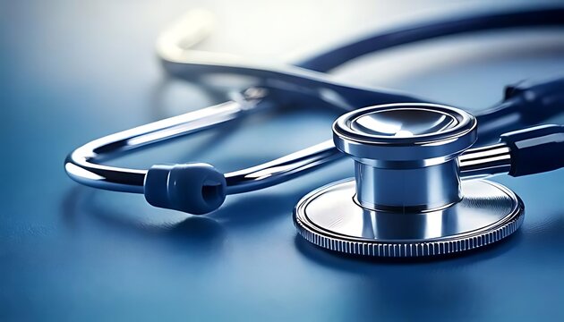 A metallic stethoscope lies on a blue surface, under bright studio lighting.