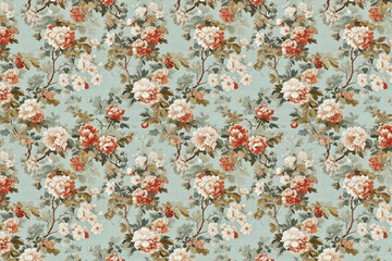 Floral Toile tapestry pattern. Vintage Japanese botanical wallpaper pattern. Background image. Created with Generative AI technology