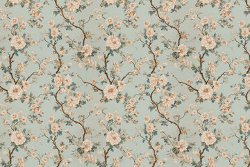 Floral Toile tapestry pattern. Vintage Japanese botanical wallpaper pattern. Background image. Created with Generative AI technology