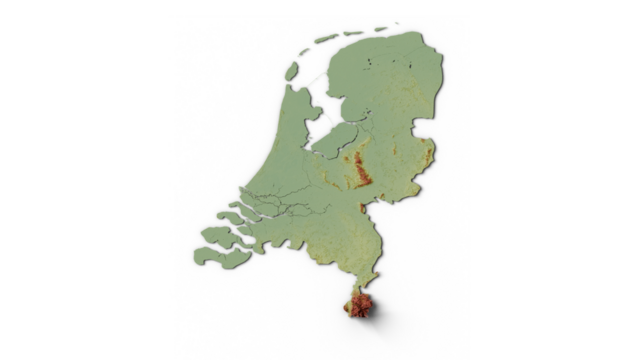 Topographic map of the Netherlands with elevation data in colours on transparent background
