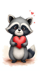 Fototapeta premium A watercolor painting portraying an elegant raccoon with soft, fluffy fur, gently holding a pink heart with curiosity.