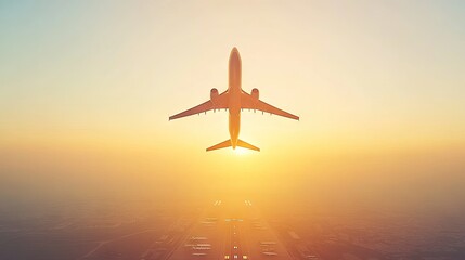 Airplane Ascending at Sunrise Over Runway - Ideal for Travel and Aviation Themes